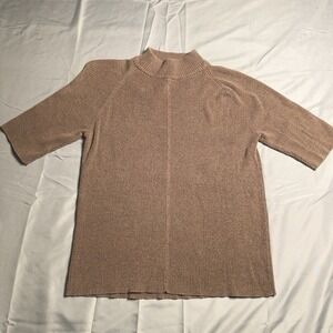 Norton McNaughton Large Tussah Silk Short Sleeve Top Brown Mock Neck Natural